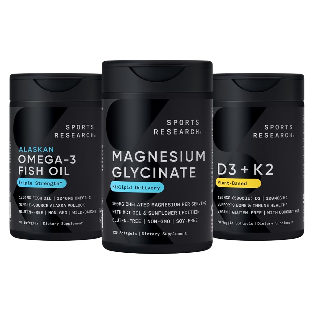 Sports Research® Multivitamins Pack - Triple Strength Omega-3 Fish Oil 1250 + 160 mg Chelated Magnesium Glycinate + Vegan Vitamin D 5000iu & Mk7 Vitamin K 100mcg