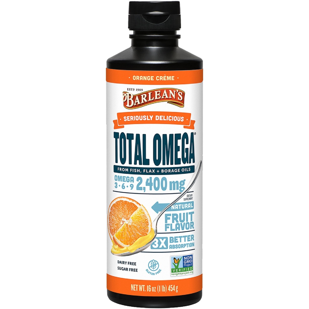 Barlean's Total Omega 3 6 9 Liquid Fish Oil Supplement with Borage and Flaxseed Oil, Orange Crème, 2.400 mg EPA, DHA and GLA Fatty Acids, 16 oz