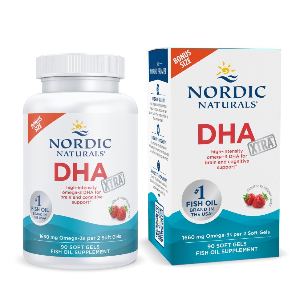 Nordic Naturals DHA Xtra, Aardbei - 90 Zachte Gels - 1660 mg Omega-3 - High-Intensity DHA Formula for Brain & Nervial System Support - Non-GMO - 45 Servings