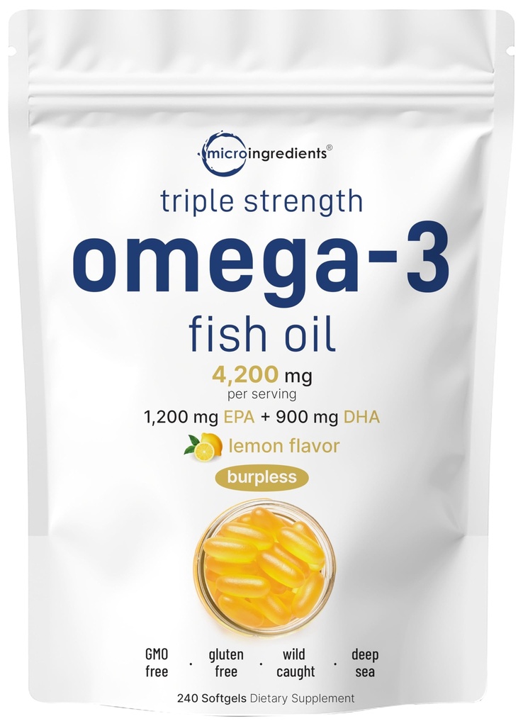 Micro Ingredients Triple Strength Omega 3 Fish Oil Supplements 4200mg Per Serving, 240 Softgels – Lemon Flavored – Burpless | EPA 1200mg + DHA 900mg | Deep Sea Fish