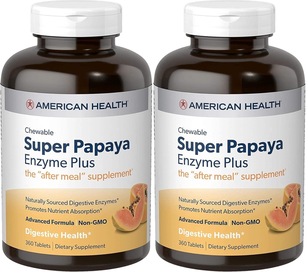 American Health Super Papaya Enzyme Plus Kauwtabletten, natuurlijke Papaya smaak - bevordert spijsvertering en Nutriënt Absorptie, bevat Papaïne en andere enzymen - 360 Tellen - Verpakking van 2