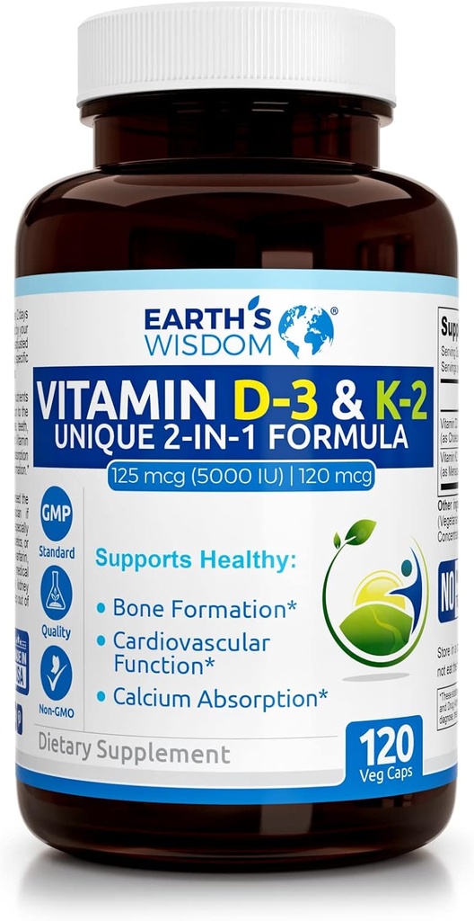 Earth's Wisdom Vitamin D3 5000 IE met K2 (MK7) Formule. Spier, bot, hart en immuun ondersteuning. Superieure absorptie. 120 capsules. Vrij van Gluten, Dairy, Soy. Vervaardigd in de VS.