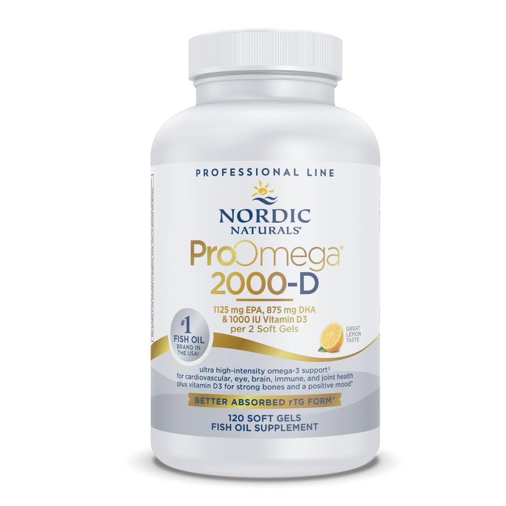 Nordic Naturals ProOmega 2000-D, Lemon Flavor - 120 Soft Gels - 2150 mg Omega-3 + 1000 IU D3 - Ultra High-Potency Fish Oil - EPA & DHA - Brain, Heart, & Immune Health - Non-GMO - 60 Servings