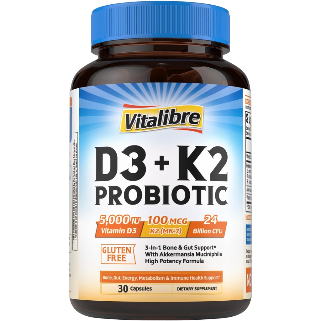 Vitalibre D3 K2 Probiotic Supplement, Vitamin D3 5000 IU & K2 100 mcg, with Probiotics for Women & Men, Akkermansia Muciniphila, Bone, Gut & Immune Support, Non-GMO, Easy to Swallow, 30 Capsules