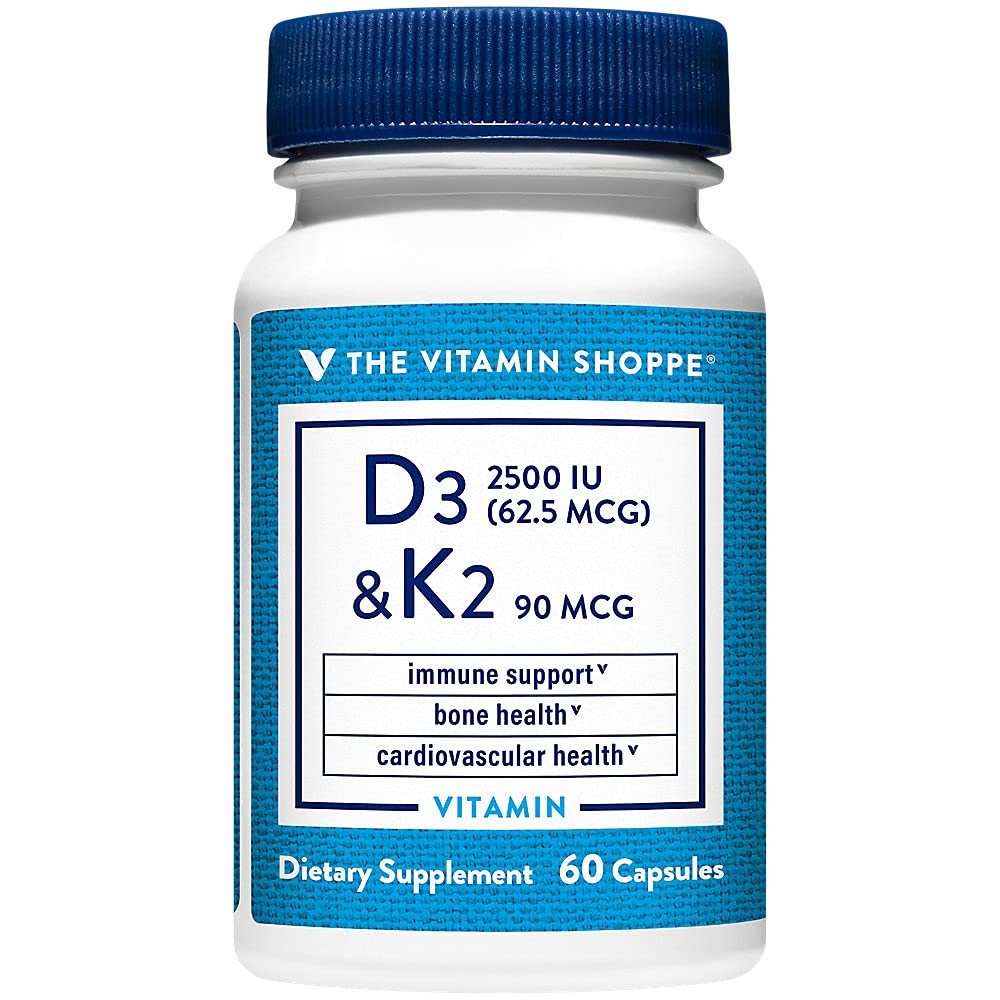 The Vitamin Shoppe Vitamin D3 K2 2500 IU - Bone Density & Heart Health | D3 + K2 MK-7 | 60 Capsules | Synergistic Formula