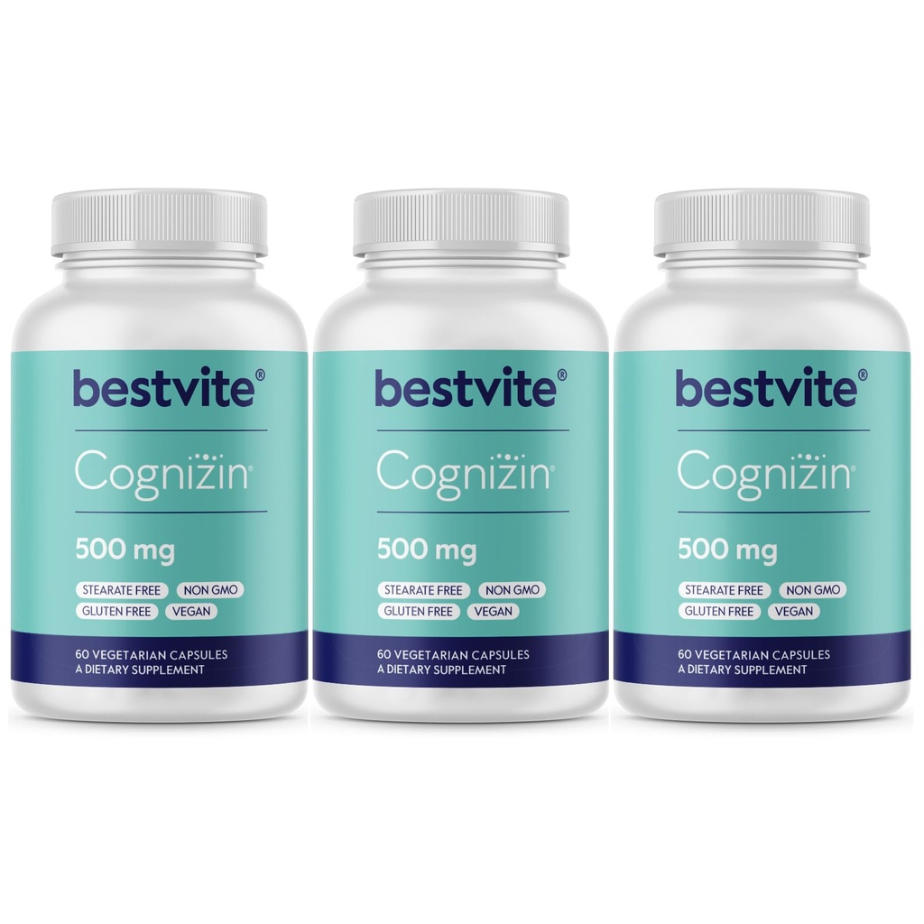 BESTVITE Cognizin Citicoline 500mg (180 Vegetarische Capsules) (60x3) - Clinically Studed Premium Choline Nootropic - No Stearates - Vegan - Glutenvrij - Hersensupplementen voor geheugen en focus