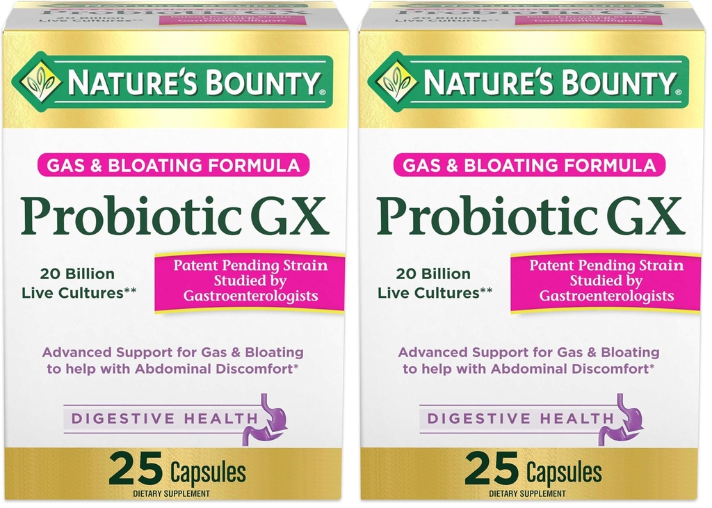 Nature's Bounty Probiotic GX, helpt met incidenteel gas en opgeblazen, Dieetsupplement, Digestieve Gezondheid, 25 Capsules (pakket van 2)