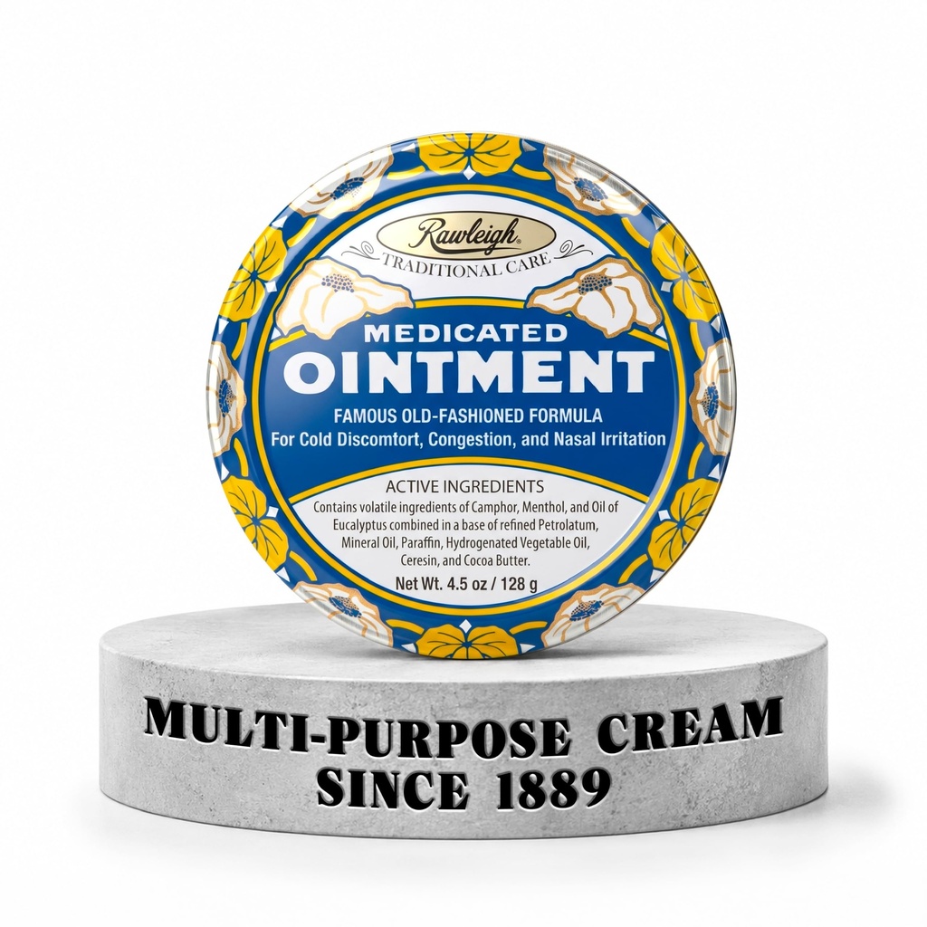 Rawleigh Gemedicineerde Zalf: 4.5 oz Blauw Tin, Volwassenen & Kinderen: Topische borst Rub voor koude, neuscongestie, lichte pijn en pijn, met kamfer, Menthol & Eucalyptus, Niet-Greasy Formule - Pak van 1