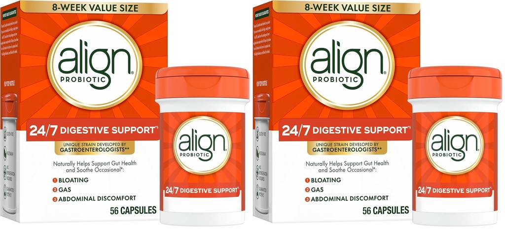 Uitlijnen Probiotica, 24/7 Digestieve Ondersteuning*§,Probiotica voor Vrouwen en Mannen,Probiotica voor Digestieve Gezondheid,Mannen en Vrouwen Probiotische Capsules Help Occasional Bloating & Gas*,56 Capsules,(Pack of 2)