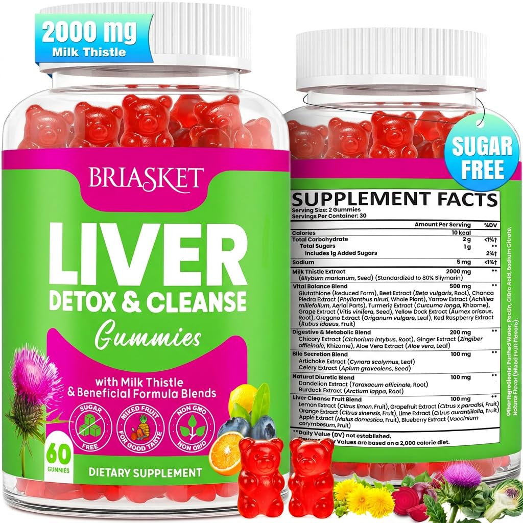 Liver Detox Cleanse & Repair, 2000 mg Milk Thistle Liver Detox, Lever Ondersteuning Supplement met Glutathion, Dandelion Root, Kurkuma & Artichoke, 23-in-1Herbal voor lever & Gut Health, Vegan, 60 Gummies