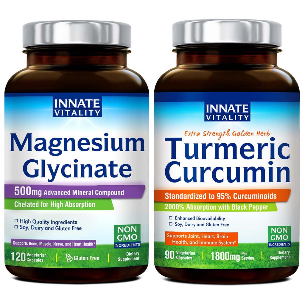 Aangeboren vitaliteit Magnesium Glycinate & Turmeric Bundle, hoge absorptie, gewrichts-, spier- en zenuwgezondheid, zwarte peperextract, bundel & Save, 120 capsules & 90 capsules