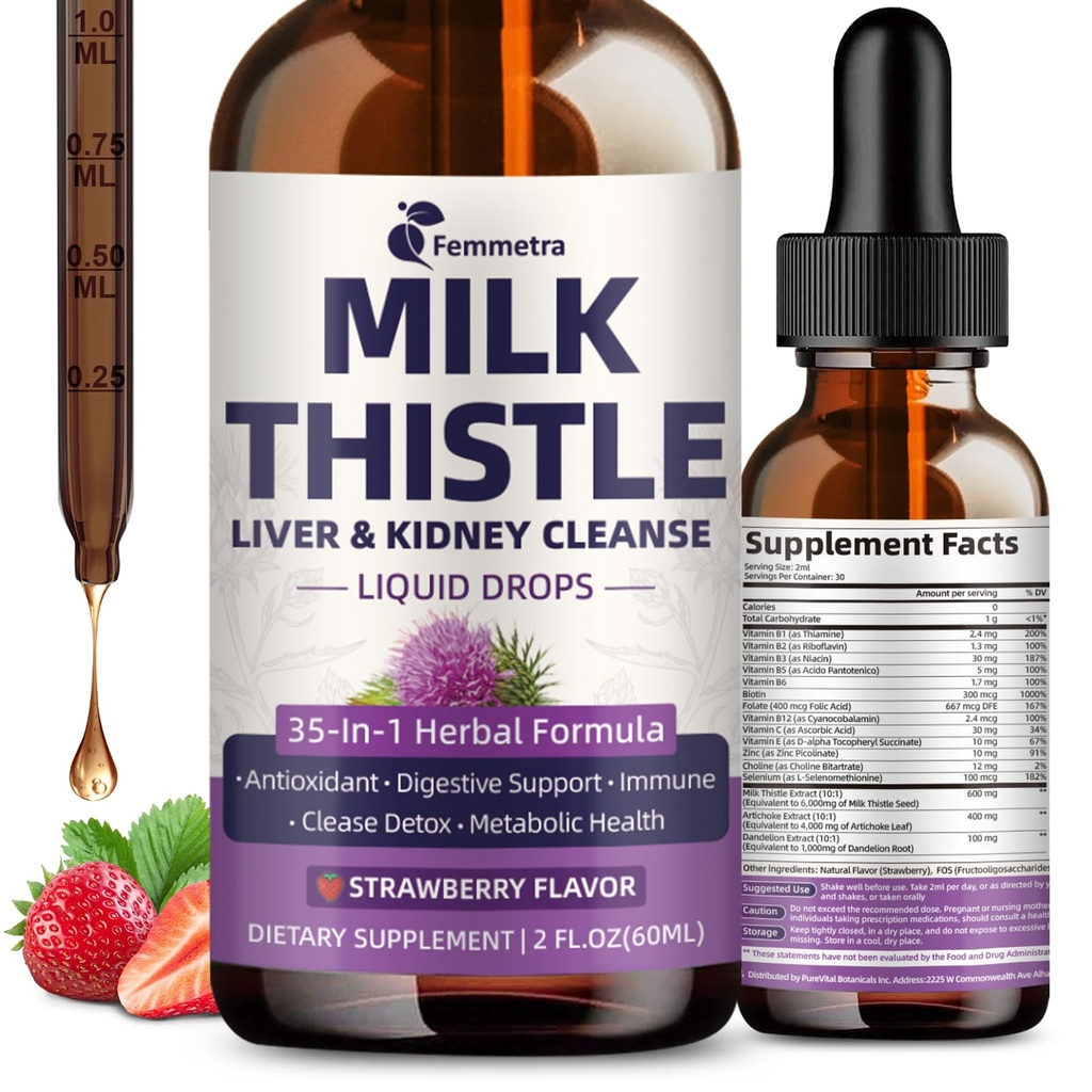 Melkdistel Extract Liquid Drops for Liver Cleanse Detox & Repair, 35-IN-1 Nierondersteuning Supplement met Artichoke & Dandelion voor urinetrek, blaas, Vegan, Non-GMO, Aardbei smaak, 2 FL OZ