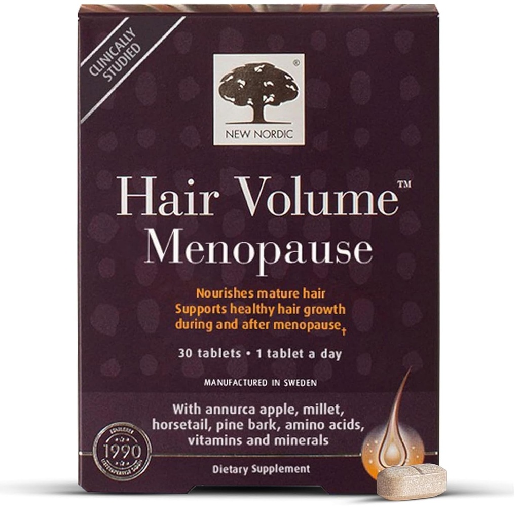 Nieuwe Nordic Hair Volume Menopauze, Ondersteunt gezonde haargroei tijdens en na de menopauze, Pine Bark en Annurca Apple Extract, 30 tabletten