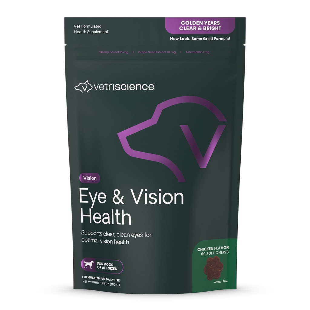 VetriScience Eye & Vision Health Chews for Dogs, Astaxanthin and Bilberry Extract, Eye Vitamins and Antioxidants, Prevent Tear Stains, Chicken, 60 Count