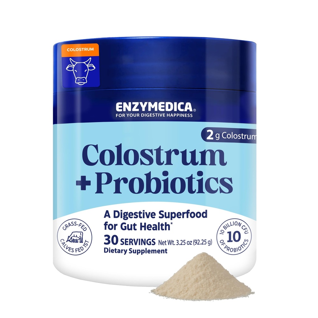 Enzymedica Colostrum + Probiotics Powder Supplement - Grass Fed Bovine Colostrum for Women & Men, Peptide & Lactoferrin Support, Promotes Hair, Skin, Nails, Immune & Gut Health, Gluten Free - 3.25 oz