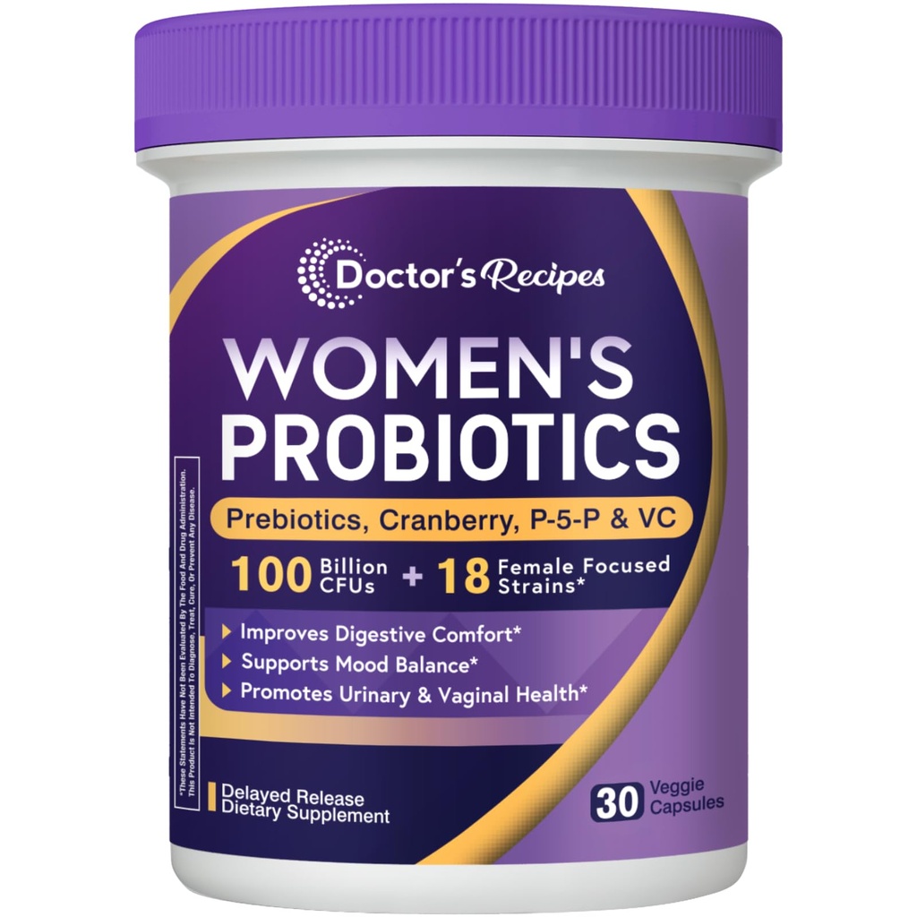 Recepten voor artsen Probiotica voor vrouwen, 100 miljard CFU, 18 Probiotica Strains, Prebiotica, Cranberry, P-5-P & VC, Vaginale, Digestieve & Immune Support, Houdbaarheid, 30 Vegan Caps
