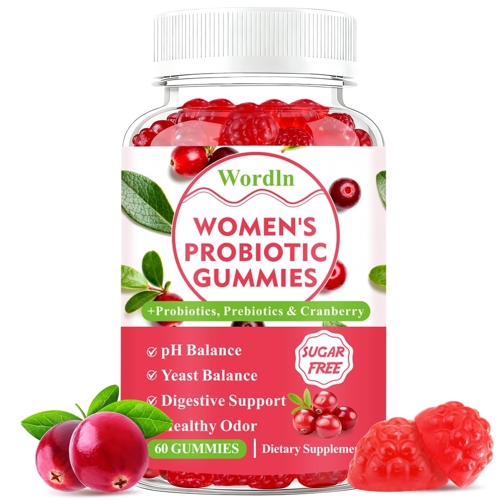 Women Probiotic Gummies for Feminine Health, Supports pH Balance, Vaginal Health, Odor Control & Yeast Balance, Digestive & Immune Support, Sugar Free Cranberry Flavor, 60 Count (Pack of 1)