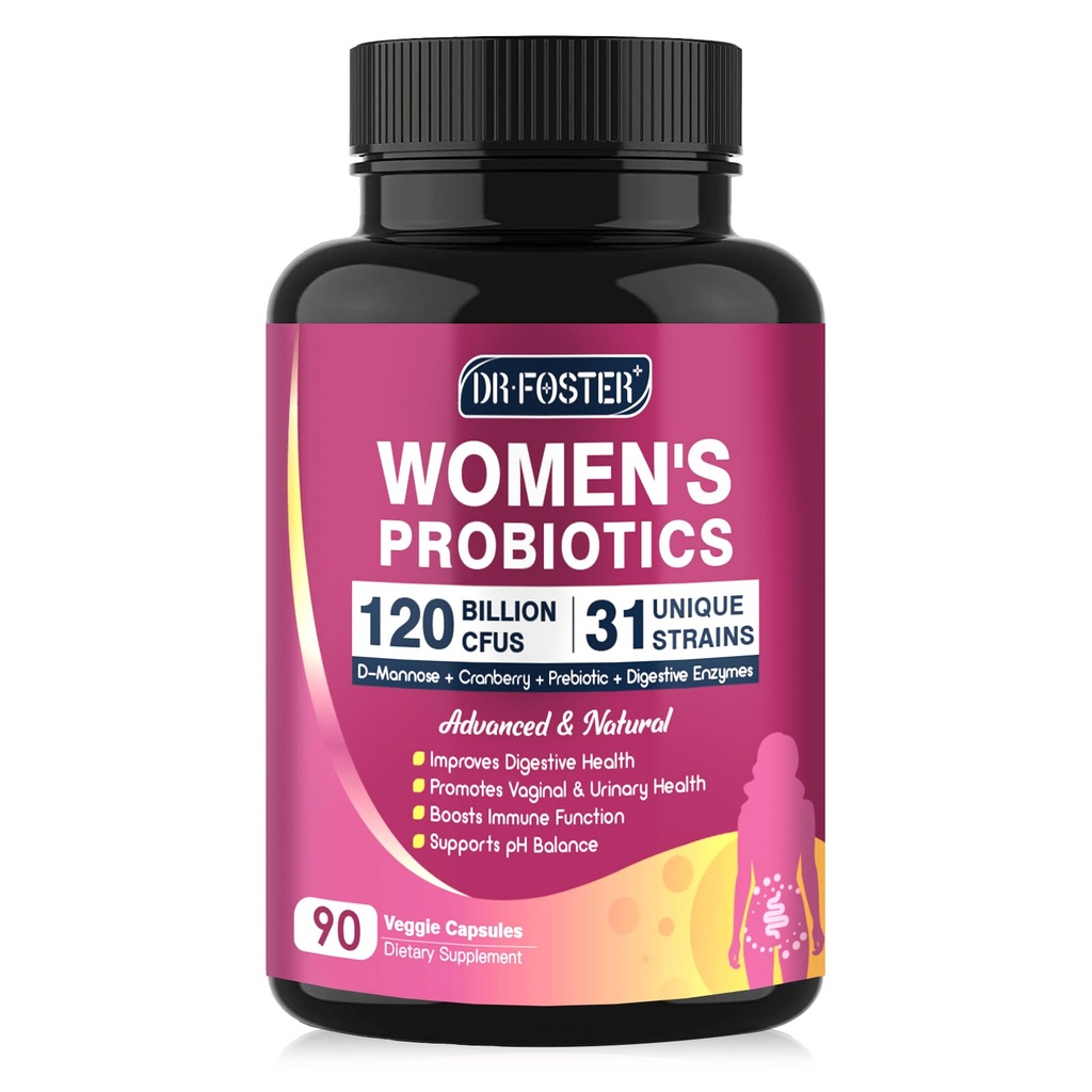 DRFOSTER Probiotica voor vrouwen Digestieve gezondheid, Vaginale probiotica 120 miljard CFU 31 Strains met digestieve enzymen & Prebiotica & D Mannose & Cranberry voor urinetrek, 90 capsules