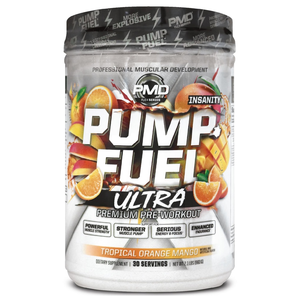 PMD Sports Pump Fuel Ultra Krankzinnigheid - Premium Pre-workout Poeder & Muscle Pump, Grotere Focus, Endurance & Recovery, Premium Creatine, Arginine & Beta Alanine, Tropical Orange Mango (30 Servers)
