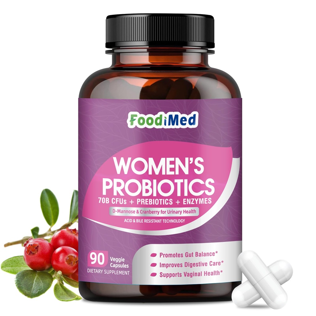 Probiotica voor vrouwen Digestieve Gezondheid, 70 miljard CFU Womens Probiotica met Digestieve Enzymen & Prebiotica & Cranberry voor Gut, Immune & Urinaire Tract Balance, Vertraagde Release, 90 Veggie Capsules