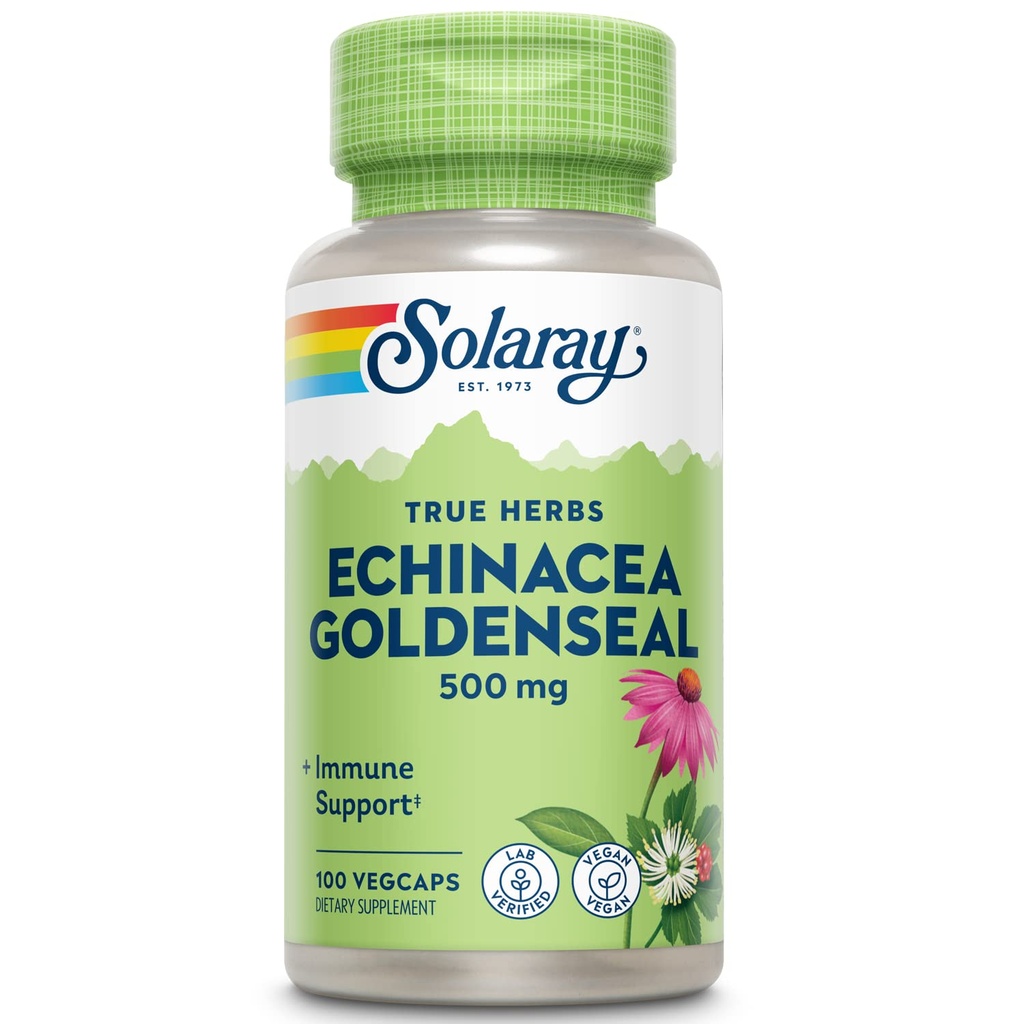 SOLARAY Echinacea Goldenseal - Krachtig mengsel van twee kruidensupplementen voor Wellness Support - 250mg Ea Echinacea Root and Goldenseal Root - Non GMO, Veganist, Glutenvrij, 60 dagen garantie, 100 porties