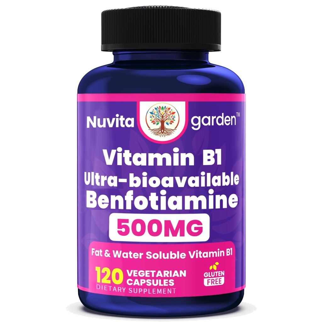 Vitamin B1 Benfotiamine 500mg, 120 Vegetarian Capsules | Bioavailable B Vitamins Supplement, Converted to Active Thiamine | Non-GMO, Gluten Free