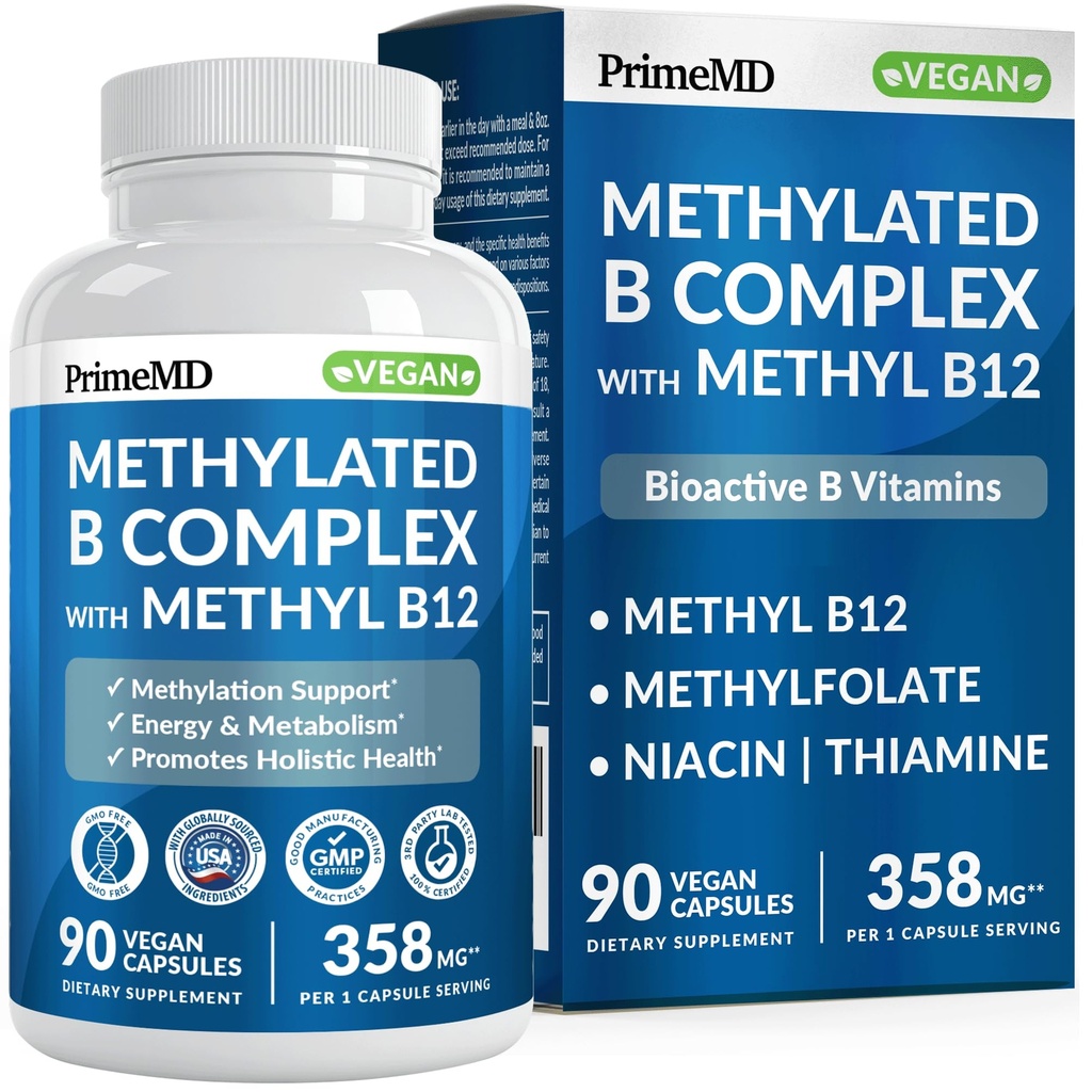 Gemethyleerd B-complex met methylfolaat en B12 methylcobalamine 1000 mcg - gemethyleerde multivitamine voor energie, hersenfunctie en wellness - vitamine B-complex voor mannen en vrouwen (90 porties) (pakket van 1)
