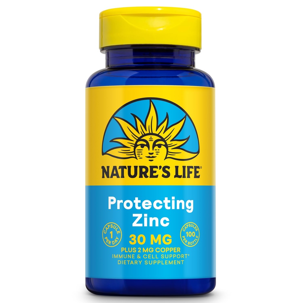 Nature's Life Zink Picolinate 30mg Plus 2mg koper - chelated zink Supplement voor Immune, Cardiovasculaire, Huid, Cellulaire Functie, en Spierondersteuning - 60-dagen garantie - 100 porties, 100 capsules