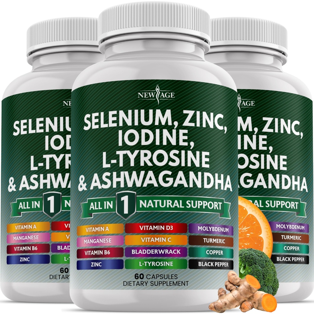 Selenium, Zinc, Iodine, L Tyrosine, Ashwagandha - Thyroid Support Supplement for Women and Men with Bladderwrack, Turmeric, Silica Kelp, Schisandra - 60 Count (Pack of 3)