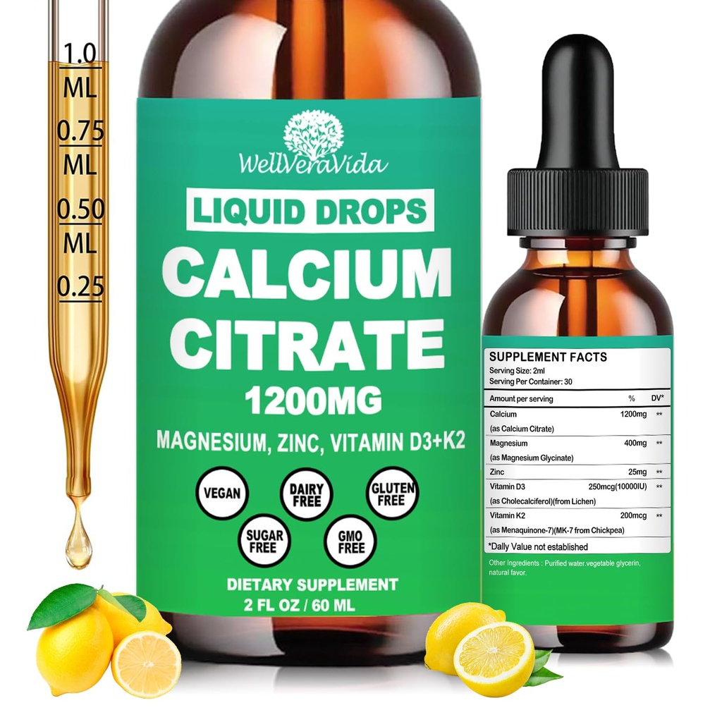 Calcium citraatsupplementen voor vrouwen en mannen, calcium 1200mg met vitamine D3 K2 druppels, hoge absorptie vloeibare calcium Magnesium zinksupplement voor bot, tanden, cardiovasculaire & immuungezondheid, veganistisch