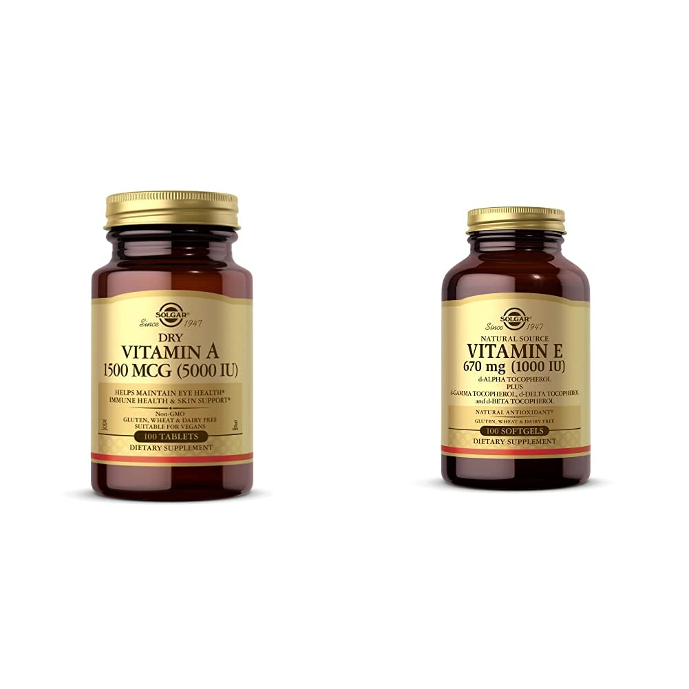 Solgar Dry Vitamin A 1500 mcg (5000 IU), 100 Tablets - Supports Healthy Eyes, Skin & Immune System - with Vitamin E 670 mg (1000 IU), 100 Mixed Softgels - Natural Antioxidant, Skin & Immune System Su