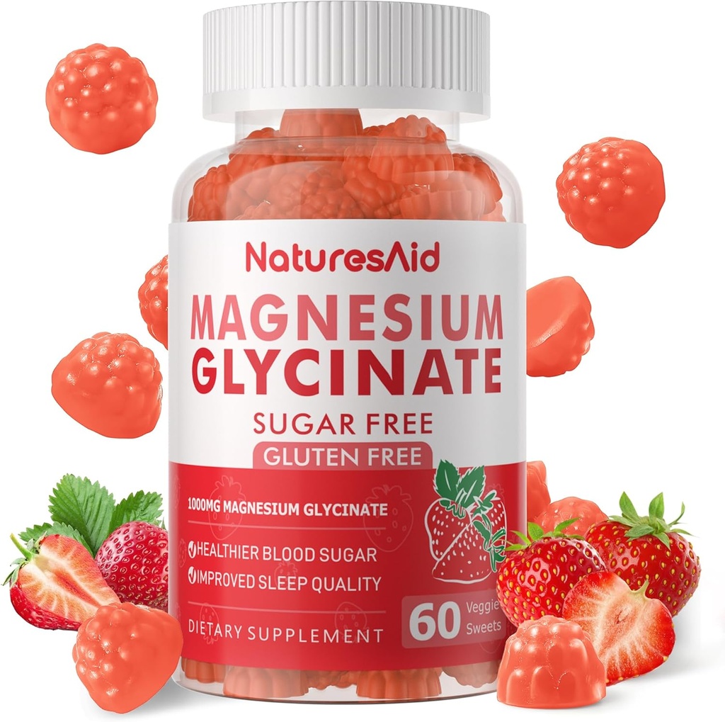 Magnesium Glycinate Gummies 1000mg - Sugar Free Magnesium Potassium Supplement with Vitamin D, B6, CoQ10 for Calm Mood & Sleep Support - 60 Strawberry Gummies -1 Pack