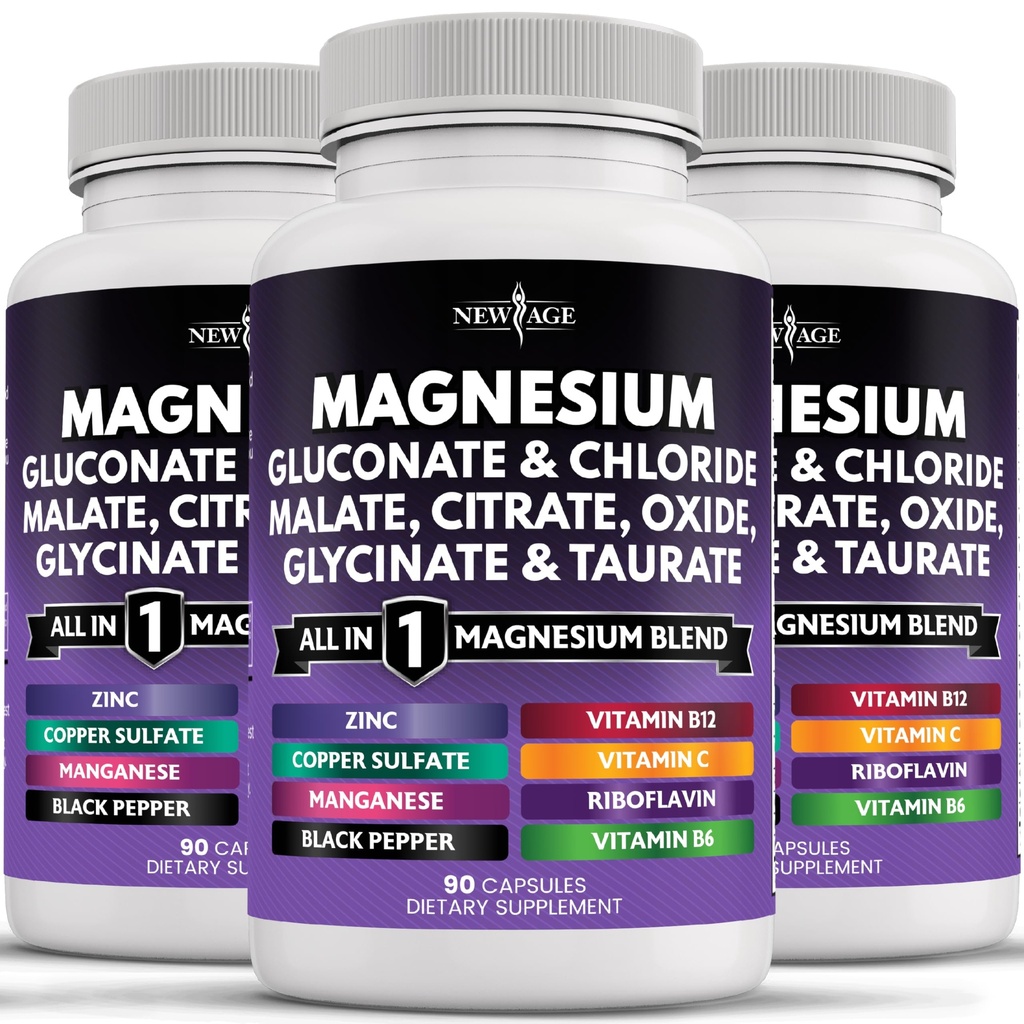 NEW AGE Magnesium Supplement -Powerful Glycinate Citrate Malate Oxide Taurate Aspartate Gluconate Orotate & Mag Chloride Manganese Bone Health and Bone Strength, Joint Support- 270 Count