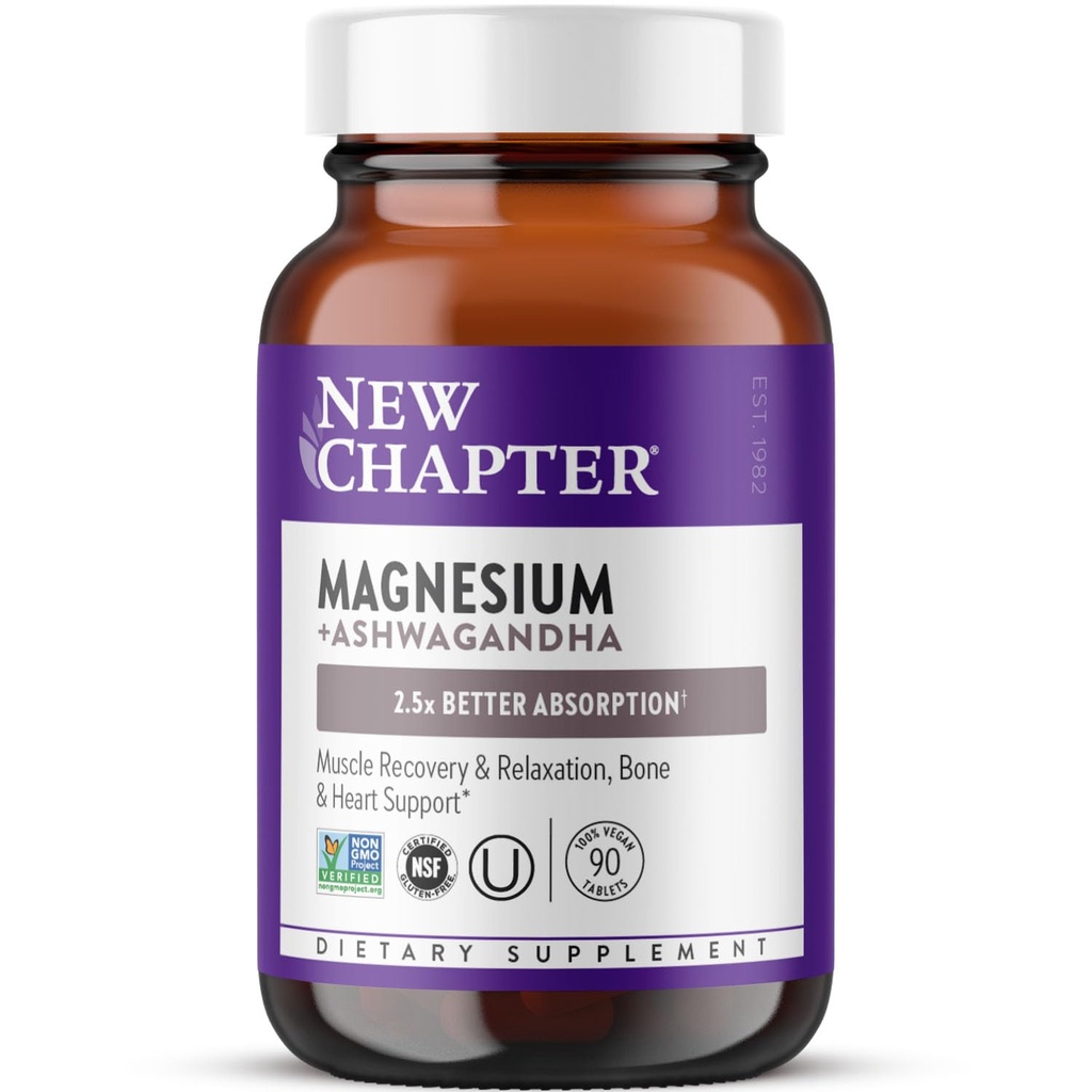 Nieuw hoofdstuk Magnesium + Ashwagandha Supplement, 325 mg met Magnesium Glycinate voor spierontspanning & Recovery, Hart, Zenuw & Bone Health, 2.5X Absorptie, Non-GMO - 90 ct (3 maanden levering)