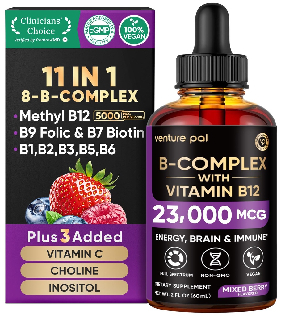 Venture Pal Vitamine B Complex Liquid Drops, B12 Methylcobalamine B9 Folic B1,B2,B3,B5,B6,B16 - Vitamine C, Choline, Inositol, Immune & Energy Metabolisme, Hersenen & Hartondersteuning