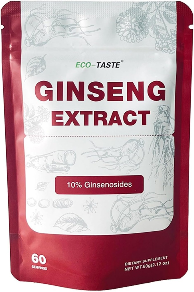 ECO-TASTE Ginseng Root Extract Powder-Korean Panax for Smoothies, Coffee or Drinks, 10% Ginsenosides, 60g (60 Servings)