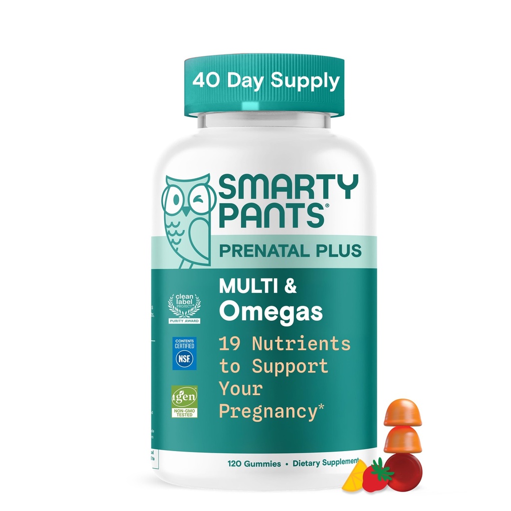 SmartyPants Prenatal Multivitamin Gummies, Omega 3 (DHA/EPA), Methylfolate, Biotin, Vitamin D3, C, Vitamin B12, B6, Vitamin A, K & Zinc, Gluten Free, 120 Count (40 Day Supply)