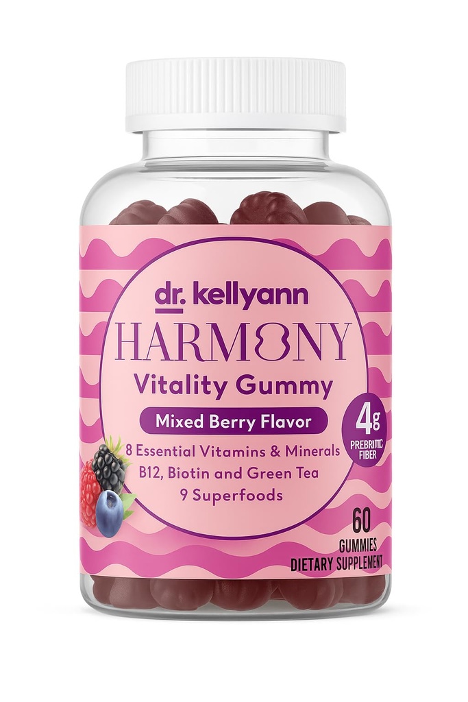 Dr. Kellyann Harmony Vitality Gummies | Mixed Berry | B12, Biotin, Green Tea, Prebiotic Fiber & Superfoods | Vegan, Non-GMO, Gluten-Free | 60 Gummies