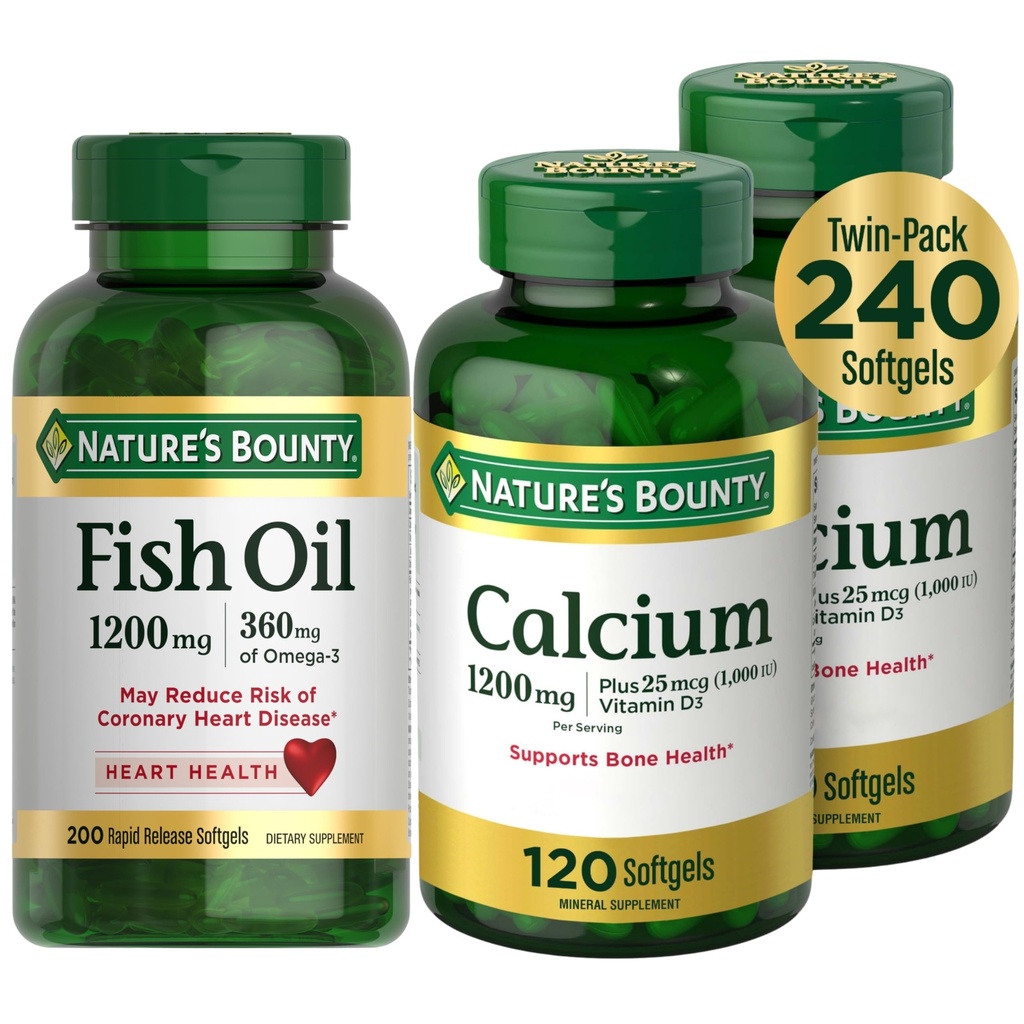 Nature's Bounty Fish Oil + Calcium with D3 Bundle – Heart, Bone & Immune Health Support, Omega-3 1200mg, 200 Softgels + Calcium 1200mg, Vitamin D3, 2x120 Ct – Wellness Duo Pack