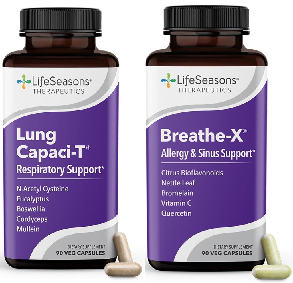 LifeSeasons Adem-X met Lung Capaci-T - Allergie en ademondersteuning - Snelle werking Sinus Relief - Verhoogt zuurstofcapaciteit & Vermindert slijm - 180 capsules