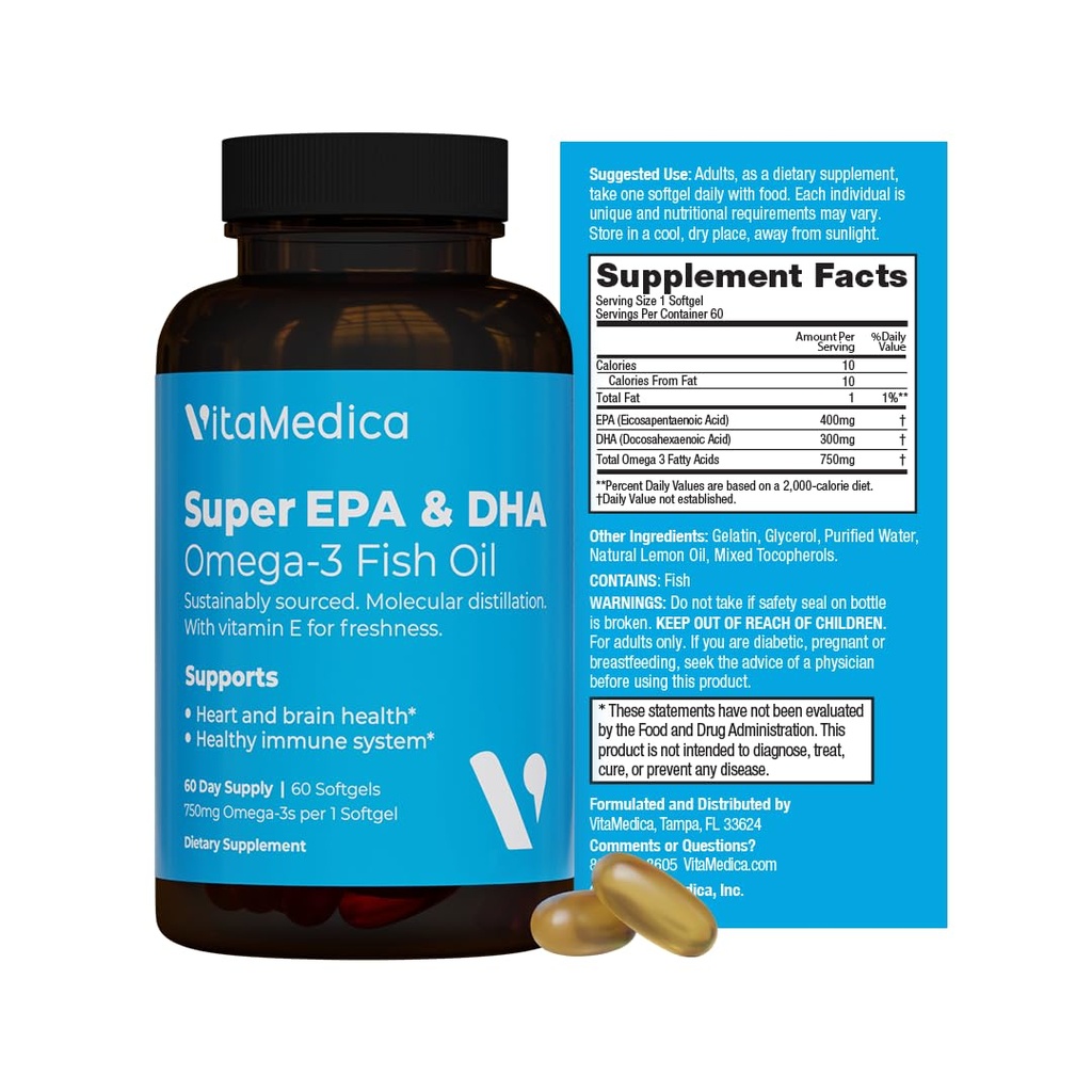 High-Potency, Super EPA/DHA Fish Oil 750mg of Essential Omega-3 Fatty Acids | EPA & DHA | Heart Health, Brain Health, Immune System Health