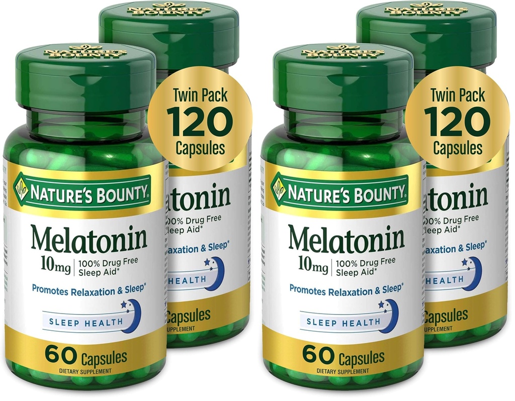 Nature's Bounty Melatonine, bevordert ontspanning en slaap gezondheid, 10 mg, capsules, 60 Ct (verpakking van 4)
