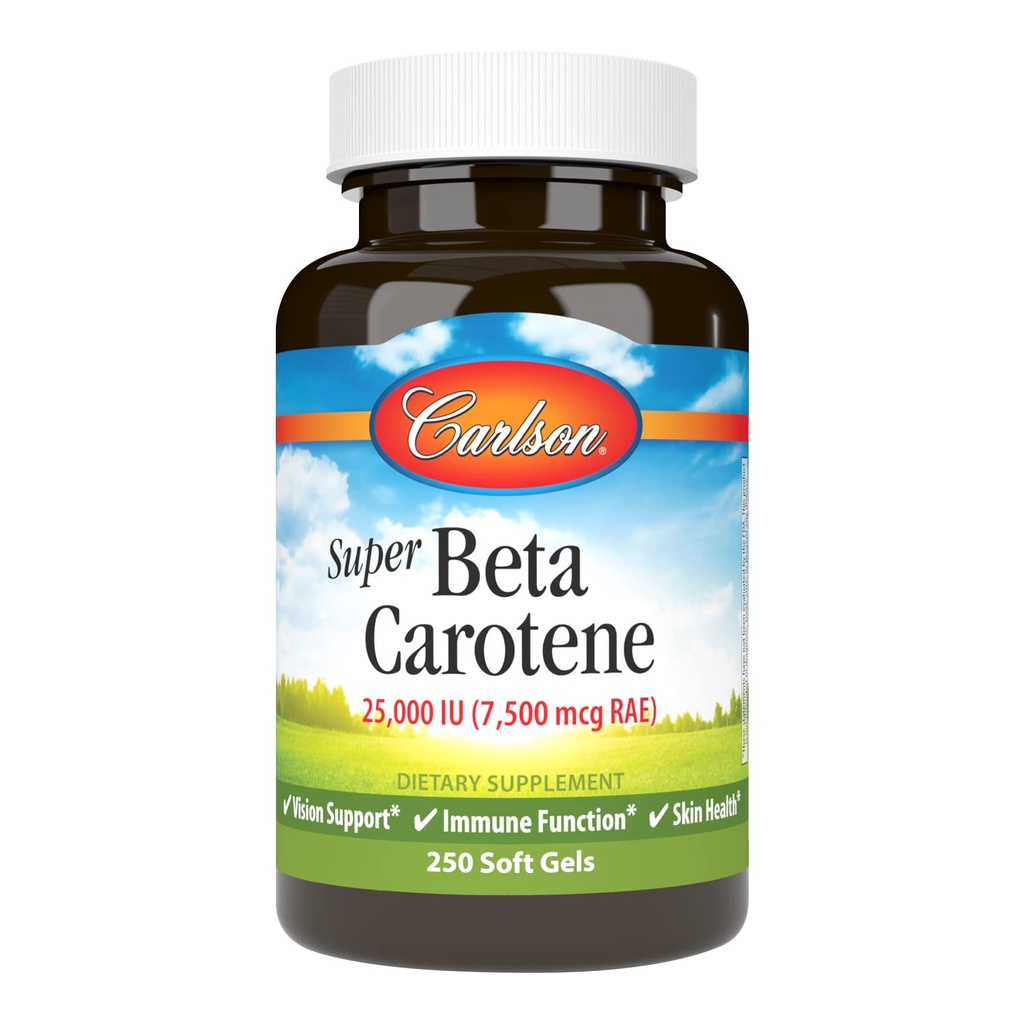 Carlson - Super Beta Carotene, 25000 IU (15 mg), Vitamin A as Beta Carotene, Bioavailable and Bioactive Form, Vision Health, Healthy Skin, 250 Softgels