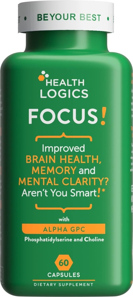Health Logics Focus! - Hersensupplement voor geheugen, helderheid, concentratie met Choline, Ginkgo Biloba, Alpha GPC, Fosfatidylserine, Bacopa Monnieri l 60 Capsules l Non-GMO