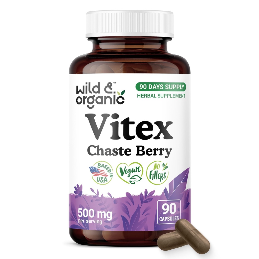 Wild & Organic Vitex Chasteberry Supplement for Women - Peri Menopause Supplements for Women - Vitex Berry Powder Capsules - Chaste Tree Berry Agnus-Castus - Vegan, No Fillers, Non-GMO - 90 Count