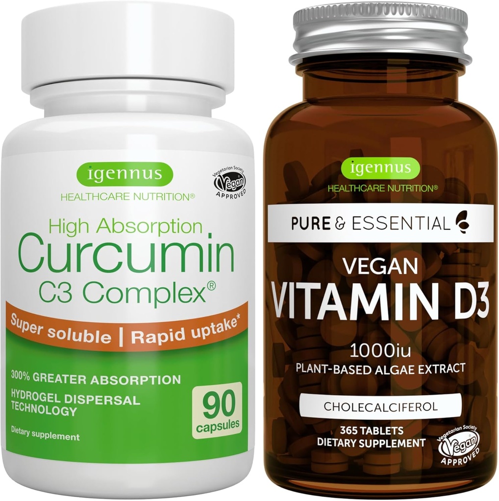 Vegan Vitamin D3 + Hoge Absorptie Curcumine C3 Complex, Vegan Bundle, 365 1000iu Vitamine D3 Tablets + 300% Grotere Absorptie Curcuminoïden met Rapid Uptake, door Igennus