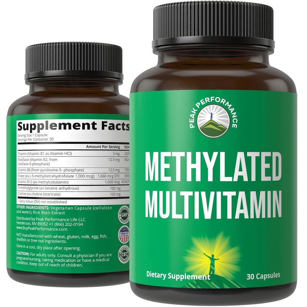 Methylated Multivitamine + Methylated B Complex Supplement. Met trimethylglycine (TMG), L Methylfolaat, Methyl B12 + B1 + B2 + B6 Vitaminen + Choline. MTHFR Supplement voor vrouwen en mannen. Vegan Capsules