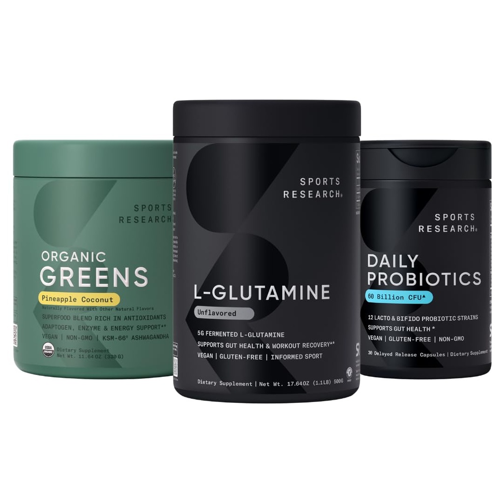 Sports Research® - Daily Probiotics with Prebiotics, 60 Billion CFU + L-Glutamine + Organic Greens Superfood Powder w/Spirulina, Chlorella, Adaptogens, Enzymes, Probiotics & 8 VIT B