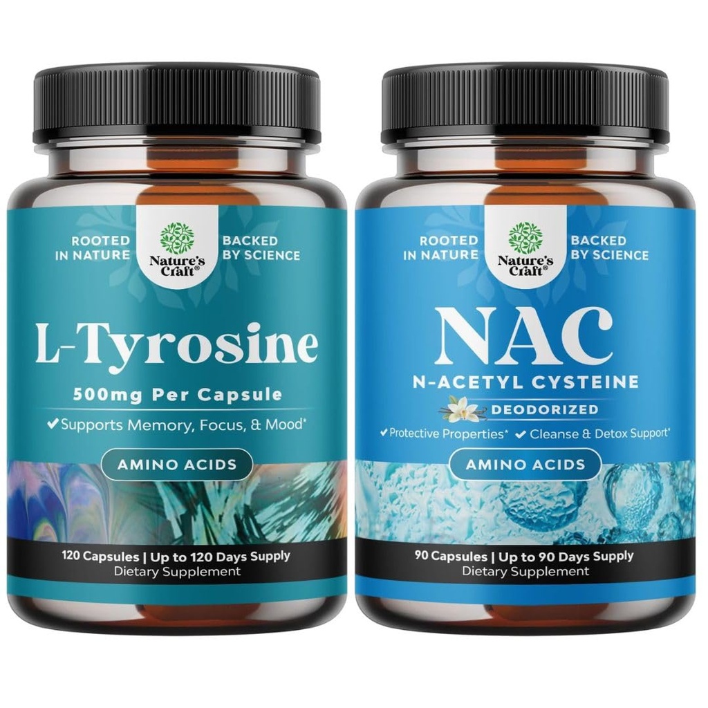 Bundle of Free Form L Tyrosine 500mg Capsules - Amino Acid Nootropic for Mood Focus Attention & Cognitive Performance and NAC Supplement N-Acetyl Cysteine 600mg for Liver Cleanse Detox Kidney Support