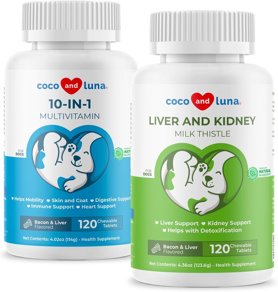 Melkdistel + 10 in 1 Multivitamine voor honden - Lever Support, huid en jas gezondheid, spijsvertering gezondheid, hiep en gezamenlijke ondersteuning en hart gezondheid.